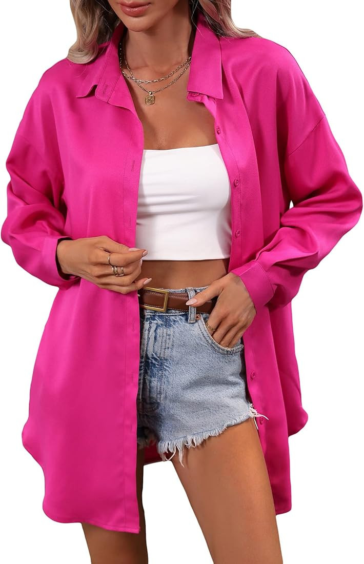 MakeMeChic Women's Oversized Button Down Shirts Collared Button Up Shirt Blouse Top | Amazon (US)