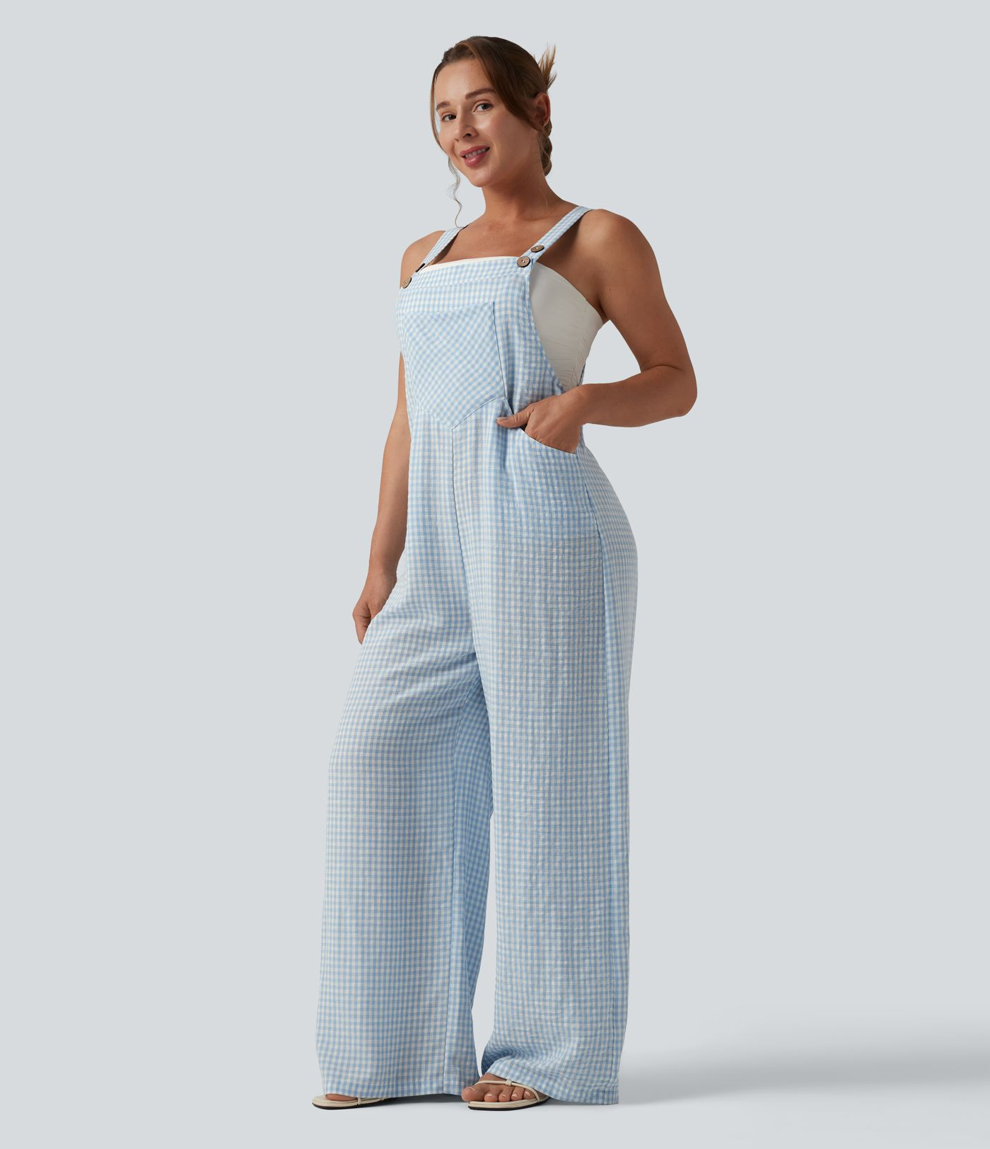Plaid Casual Linen-Feel Overalls with Pockets | HALARA