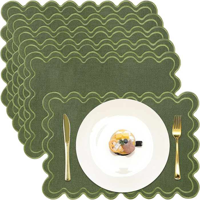 HunnmingRe Moss Green with Green Scalloped Placemats Set of 6, Rectangle | Amazon (US)