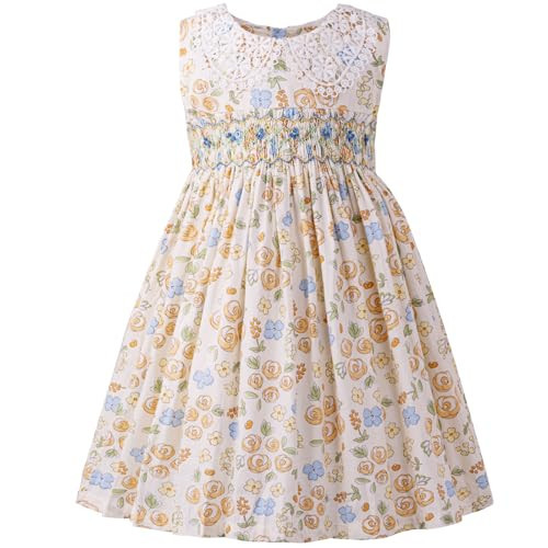 KOGWER 3T Dresses for Girls Smocked Vintage Yellow Floral Dress Summer Tea Party Dresses Lace Collared Sleeveless Cute Toddler Girl Clothes Birthday Outfits | Amazon (US)