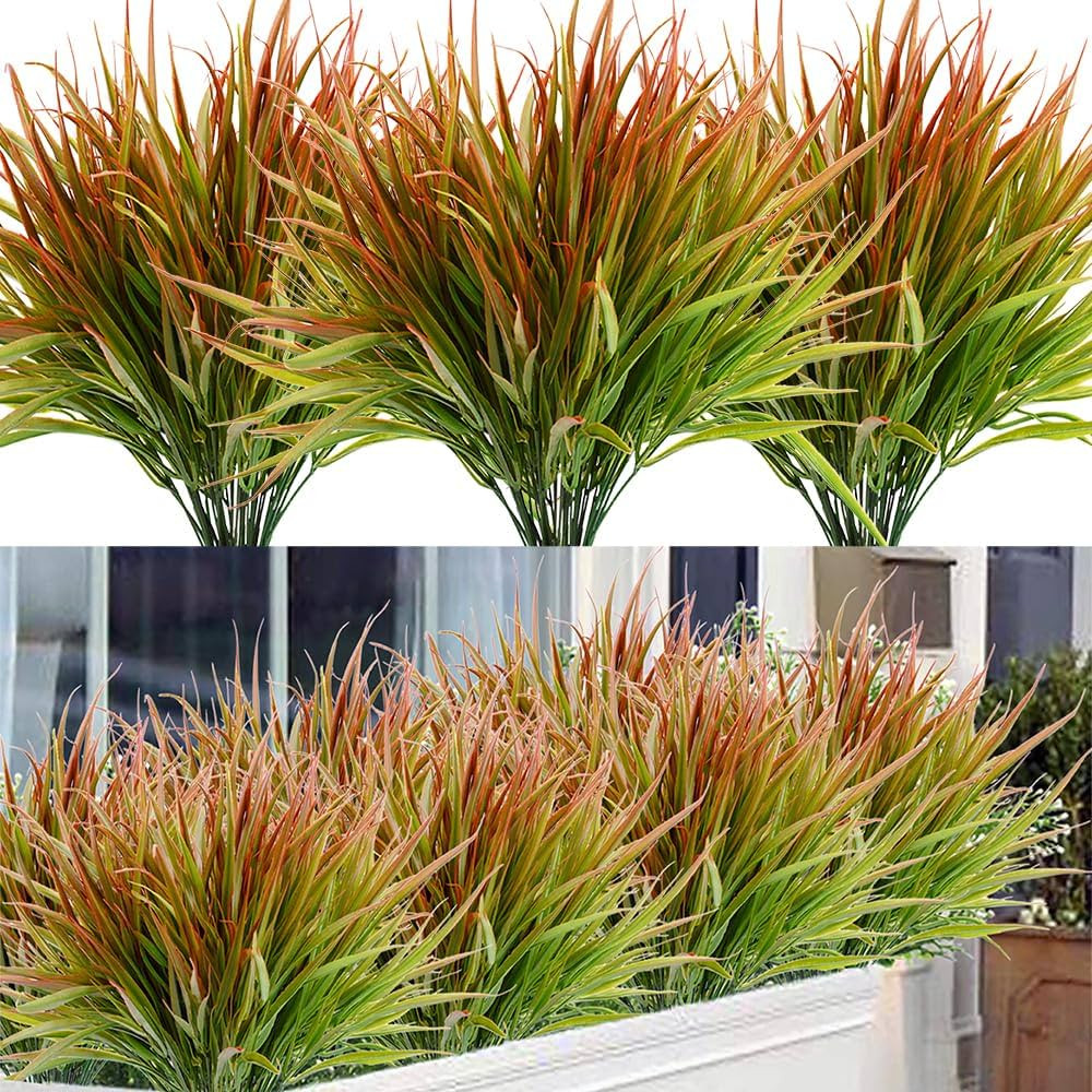 SzJias Fake Plants Outdoor Artificial Grass Plastic Plants UV Resistant Greenery (8 Pcs, Orange) | Amazon (US)