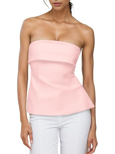 Strapless Tube Tops for Women Backless Going Out Bandeau Top Sexy Trendy Off Shoulder Side Split Summer Bustier Tops Pink | Amazon (US)
