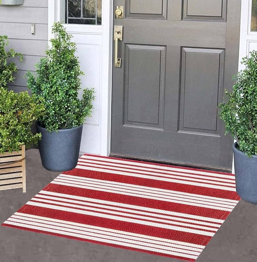 Red and White Striped Outdoor Rug 24'' x 35'' Door Mat Outdoor Machine Washable Welcome Mats Cott... | Amazon (US)