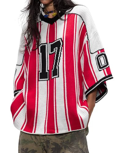 Aelfric Eden Oversized Sweaters Number Stripe Graphic Unisex Baggy Three-Quarter Sleeve Football Jersey Trendy Tops Red | Amazon (US)