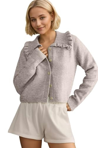 Women Ruffle Collar Cardigan Sweater Button Up Open Front Fall Cropped Sweaters Long Sleeve Butto... | Amazon (US)