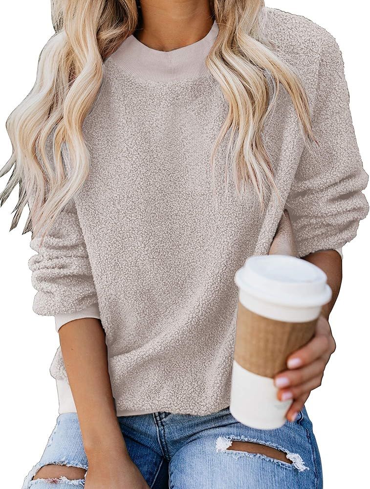 GRAPENT Women's Casual Crewneck Fuzzy Fleece Sweatshirt Terry Thread Pullover Top | Amazon (US)