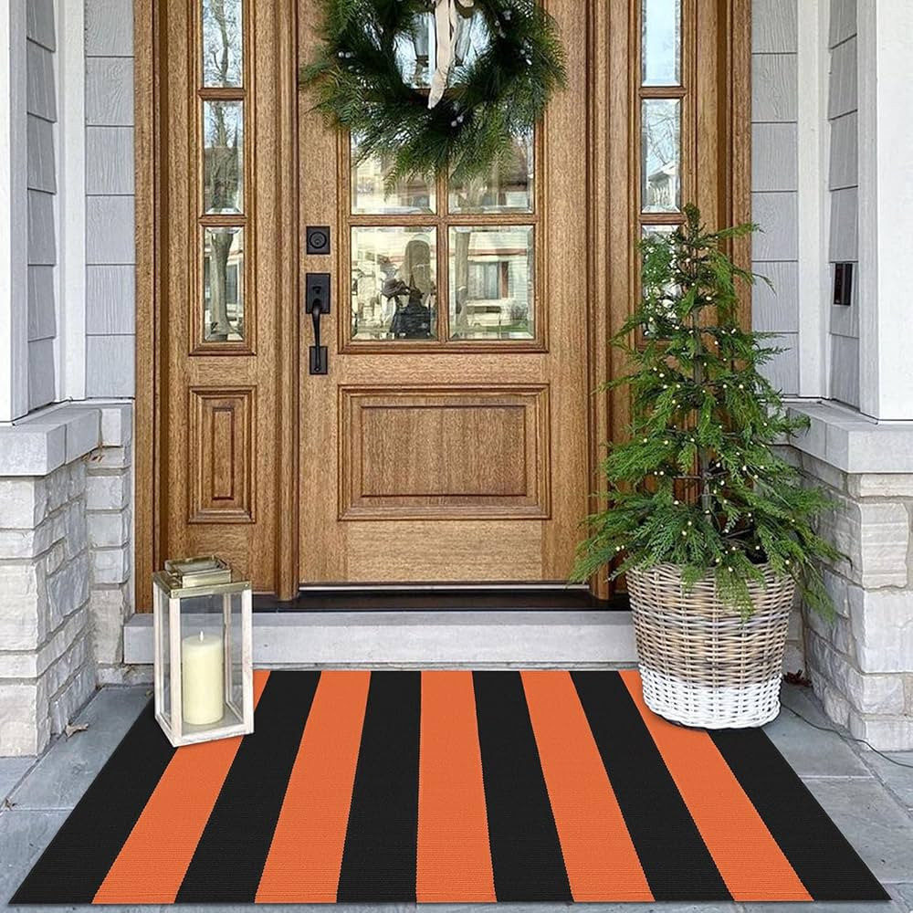 KOZYFLY Striped Rug 27.5x43 Inches Orange and Black Halloween Fall Front Door Rug Hand Woven Area... | Amazon (US)