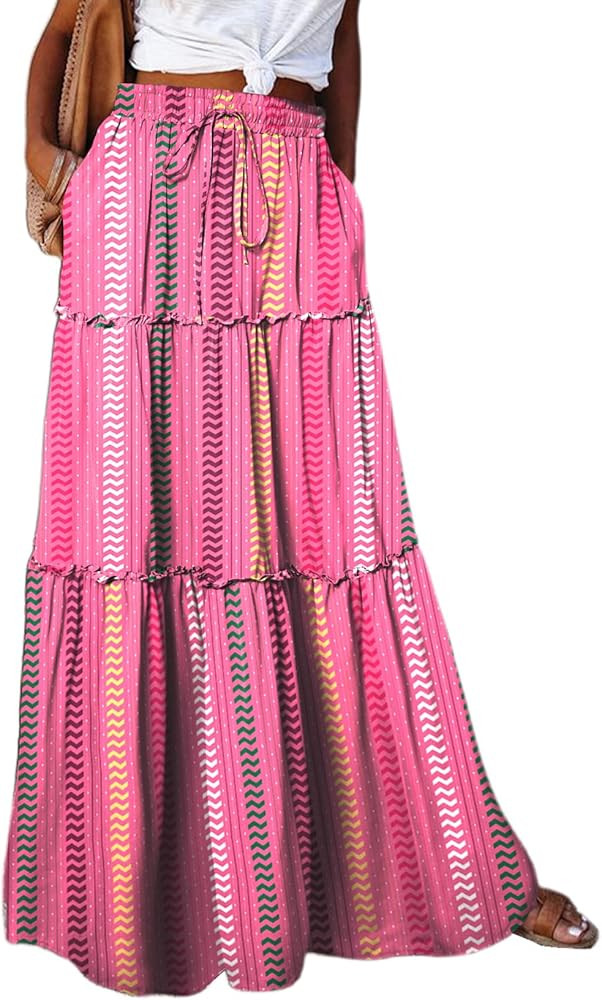 Happy Sailed Womens Floral Print Boho Maxi Skirt Elastic High Waist Pleated Ruffle Flowy Long Ski... | Amazon (US)