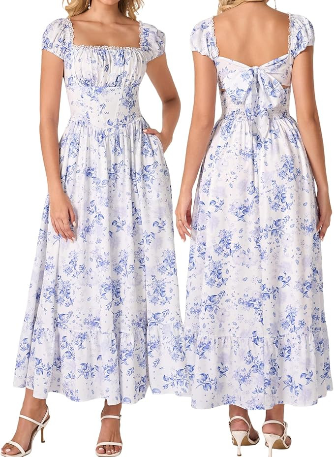 XinFSh Women's Summer Square Neck Lace Corset Wedding Guest Maxi Dress Floral Flowy Bow Tie Tea P... | Amazon (US)