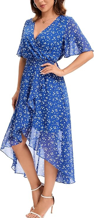 Kormei Womens Short Sleeve Floral Maxi Dress High Low V-Neck Flowy Party Long Dresses | Amazon (US)