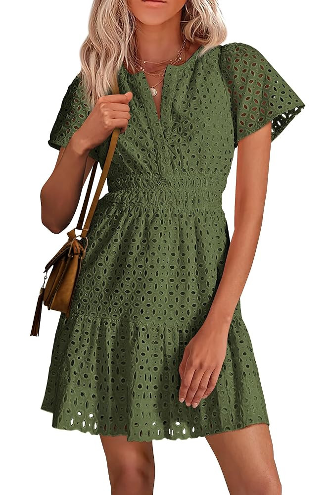 PRETTYGARDEN Womens 2025 Summer Short Dress V Neck Short Sleeve A Line Hollow Out Lace Ruffle Cut... | Amazon (US)