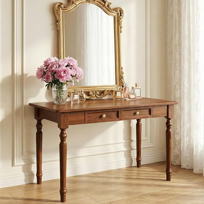 Solid Wood Makeup Vanity Table, Walnut, 47.2" | Rubberwood, Storage Drawers, No Mirror, Rustic Co... | Amazon (CA)