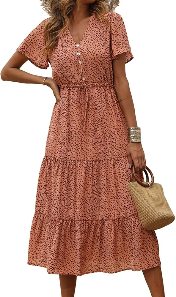 PRETTYGARDEN Women's Floral Boho Dress Casual Short Sleeve V Neck Ruffle Tiered Summer Swing Maxi Dr | Amazon (US)