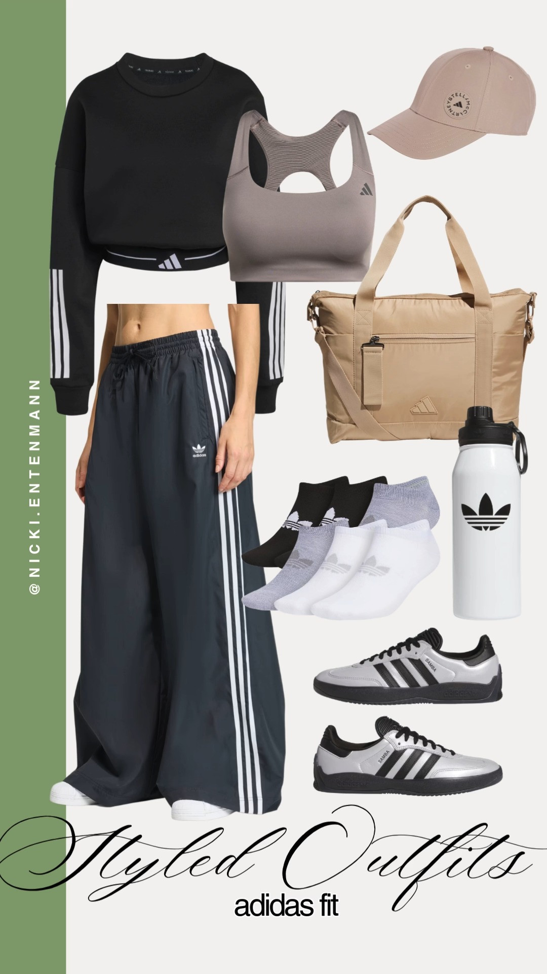 Adidas styled outfit from top to bottom: a cropped long‑sleeve with signature stripes, layered sports bra, wide‑leg track pants, and sneakers, finished with a cap, duffel, and accessories for a head‑to‑toe sporty chic look.
#Adidas #styledoutfit #sportychic #athleisure #fashionfinds #style #shopping #trend #womenswear #ootd #streetstyle
 

 #LTKootd #LTKmomlife #LTKActive
