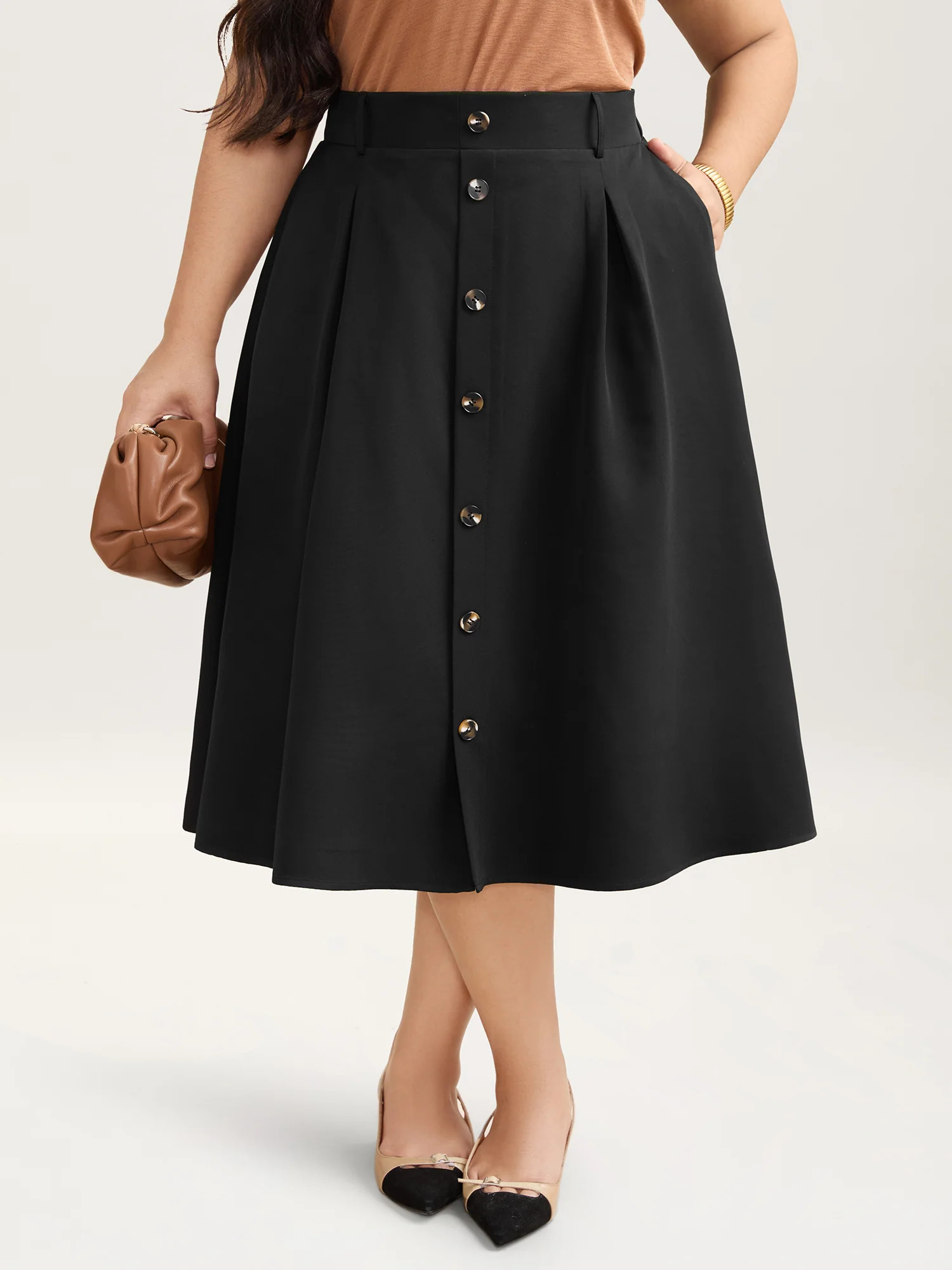 Buckled Button Front Pleated Midi Skirt | Bloomchic
