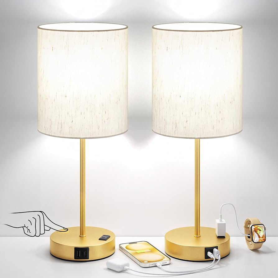 17.6" Gold Touch Lamps for Bedroom Set of 2 - Dimmable, USB C+A, AC Outlet | Amazon (US)