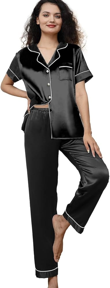 Womens Pajamas Set XS-3XL Floral Silk Satin Pajama Sets Silky Pj Sets 2Pcs Loungewear Sleepwear B... | Amazon (US)