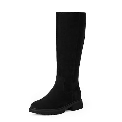 VIUGJNEX Black Boots for Women Flat Suede Knee High Boots Women No Heel Fashion Round Toe Chunky Platform Long Tall Boot Side Zipper Low Heel Lug Sole Fall Riding Boot Size 6 | Amazon (US)
