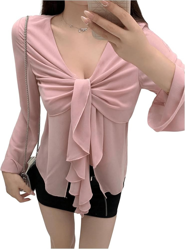 MakeMeChic Women's Casual Solid Long Sleeve Tie V Neck Mesh Tops Ruched Front See Through Blouse Shirts Light Pink Small | Amazon (US)