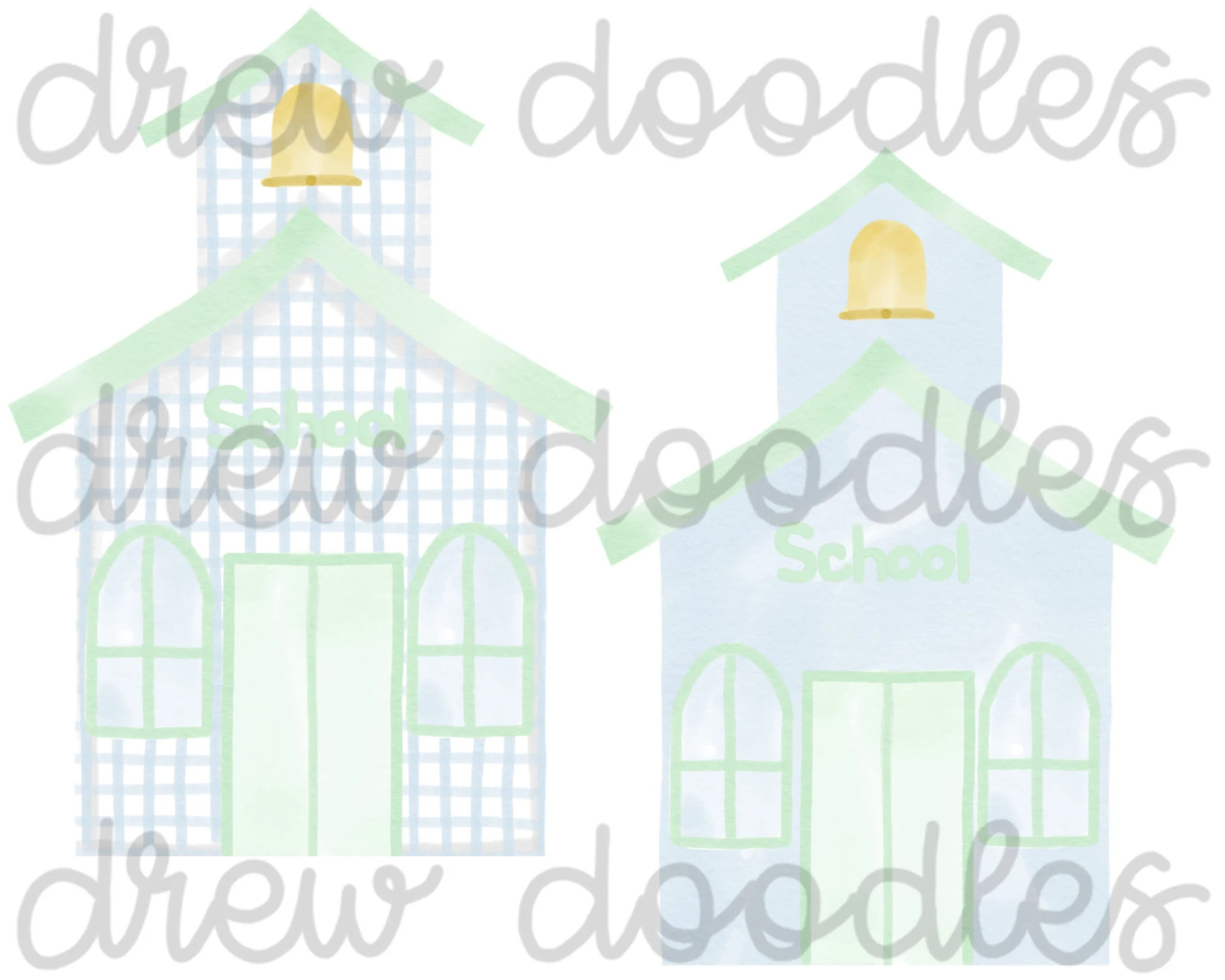 Watercolor Blue Gingham Pastel School Houses Digital Clip Art Set- Instant Download | Etsy (Global)