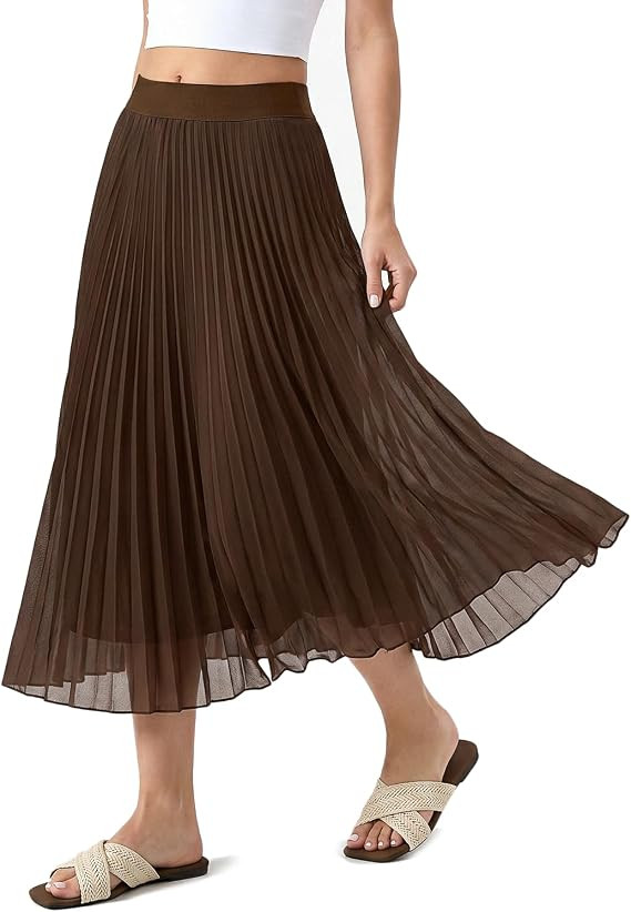 QINSEN Women's Elegant Flowy Pleated Chiffon Skirts Summer A-line Swing Midi Skirts Casual Elasti... | Amazon (US)