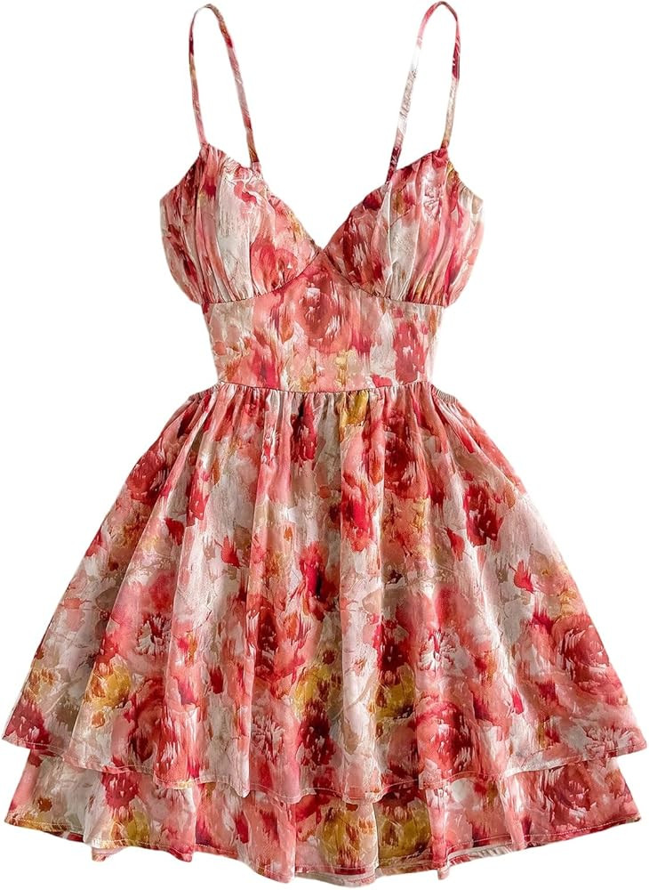 OYOANGLE Women's Floral Layered Ruffle Dress Ruched Boho Short Sundress Open Back Cami Dress | Amazon (US)