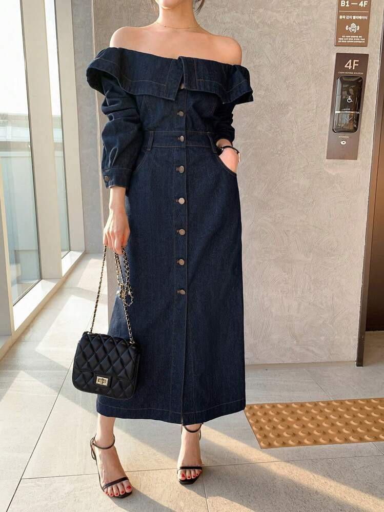DAZY Women's Fold Collar Off Shoulder Single-Breasted Pocket Casual Denim Dress | SHEIN