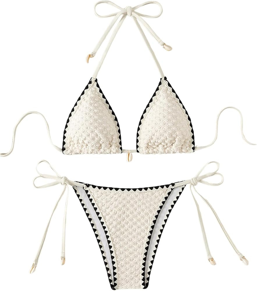 SHENHE Women's 2 Piece Triangle Tie Side Beach Bikini Sets Geo Print Halter Swimsuit Bathing Suit | Amazon (US)