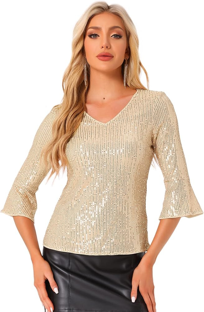 Allegra K Sequin Top for Women's 3/4 Bell Sleeve V Neck Metallic Sparkly Glitter Party Blouse | Amazon (US)