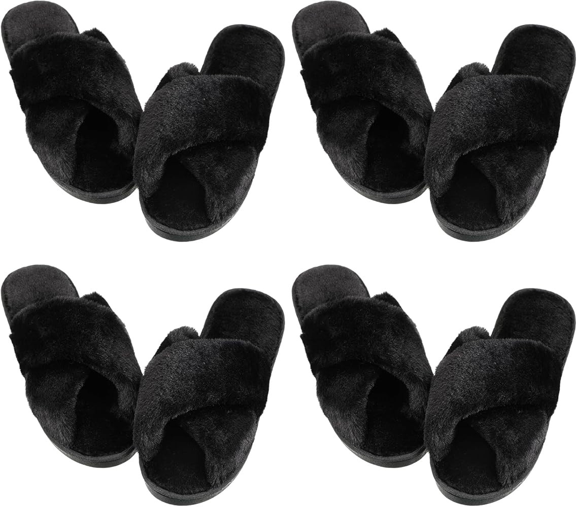 Newcotte 4 Pairs Women's Cross Band Fuzzy Slippers Plush Furry House Slippers Bridesmaid Slippers... | Amazon (US)