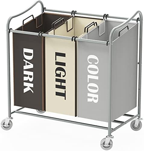 SimpleHouseware Heavy Duty 3-Bag Laundry Sorter Rolling Cart, Silver / Assorted Bags | Amazon (US)