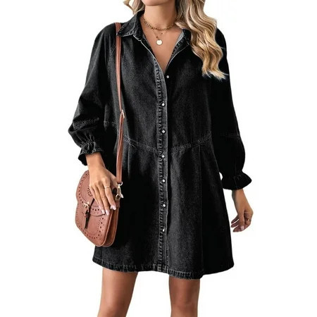 Women'S Button Down Denim Shirt Dress Lantern Long Sleeve Tiered Baydoll Jean Mini Dress Black Grey M | Walmart (US)