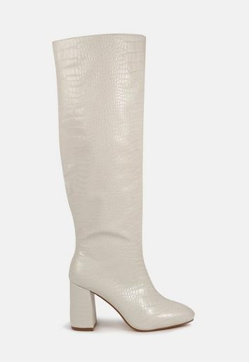 Cream Faux Leather Croc Knee High Block Heel Boots | Missguided (US & CA)