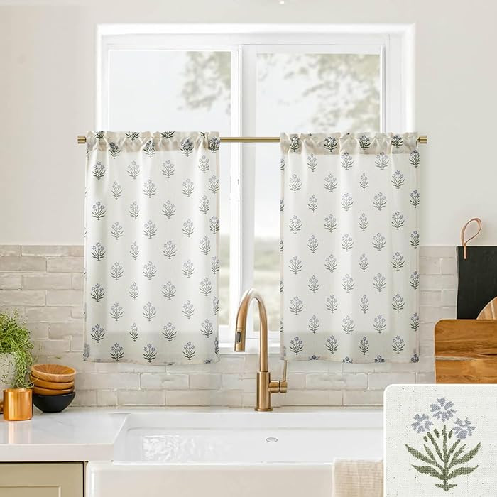 Farmhouse Kitchen Curtains 36 Inch Length,Spring Floral Blue Green Modern Vintage Block Print Lin... | Amazon (US)