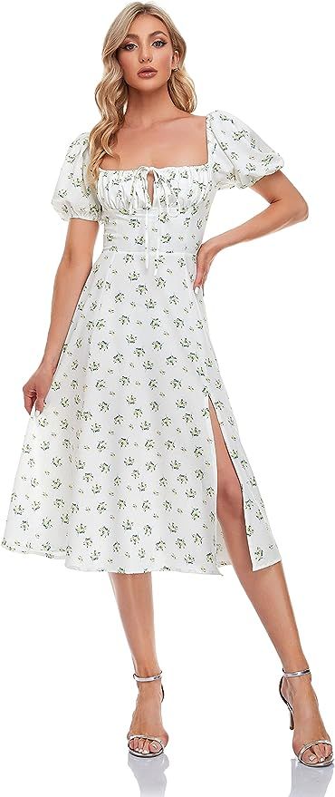 EREEGIAN Womens Square Neck Floral Dress Puff Sleeves Dresses High Waist Slit | Amazon (US)