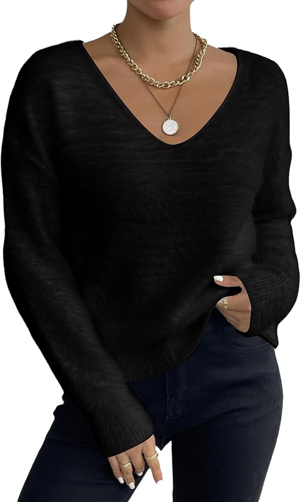 MakeMeChic Women's Fuzzy Sweater V Neck Long Sleeve Drop Shoulder Pullover Sweater | Amazon (US)