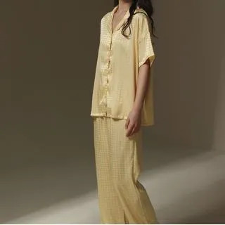 Pajama Set: Short-Sleeve Satin Top + Pants | YesStyle Global