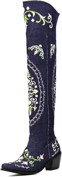 VOMIRA Knee High Boots for Women Pointed Toe Chunky Cork Heel Knight Boots Vintage Embroidery Cow... | Amazon (US)