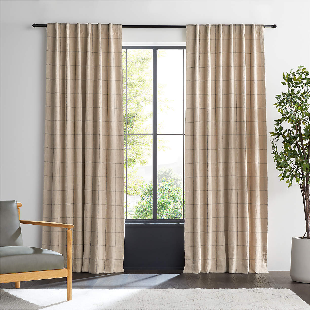 Warm Beige & Storm Grey Linen Double Pinstripe Grid Blackout Window Curtain Panel 52"x120" | Crat... | Crate & Barrel