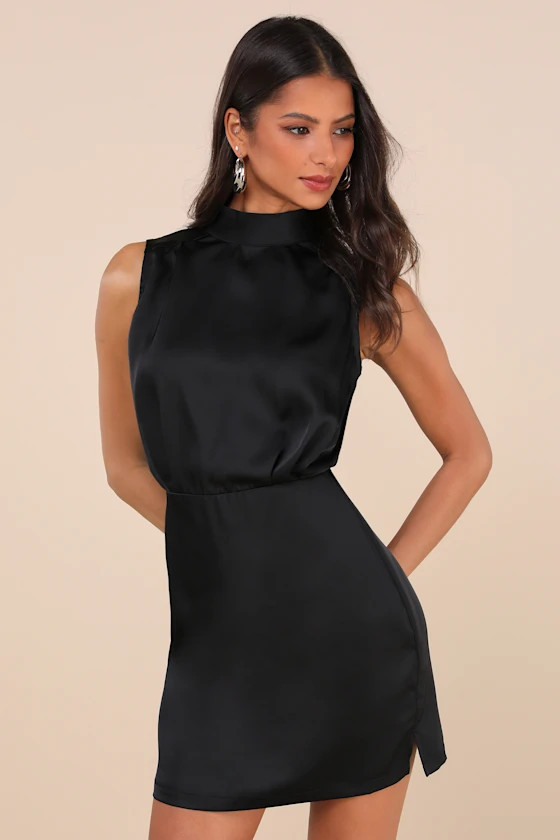 Classic Elegance Black Satin Sleeveless Mock Neck Mini Dress | Lulus