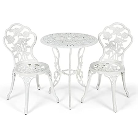 Yaheetech 3 Piece Patio Bistro Table Set Garden Furniture Set, Aluminum Table and Chairs Outdoor Patio Furniture, Rose Design Dinging Table and Chairs for Balcony Garden Porch, White | Amazon (UK)