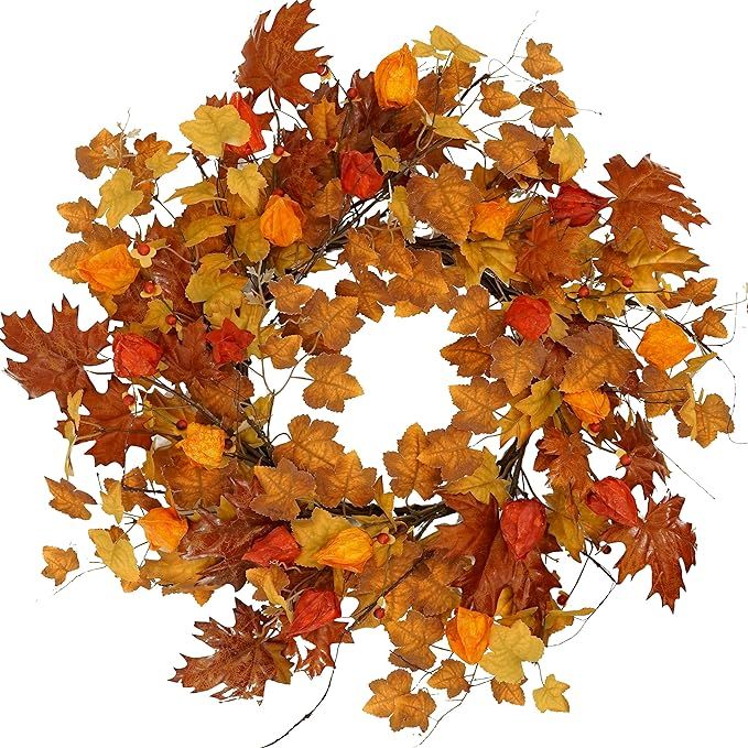 22 inch Artificial Fall Wreath Maple Leaf Wreath with Cape Gooseberry for Front Door Indoor Outdo... | Amazon (US)