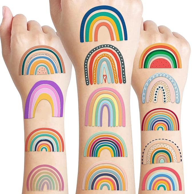 96 PCS Pastel Rainbow Pre-Cut Temporary Tattoos Sticker Boho Rainbow Birthday Party Decorations F... | Amazon (US)