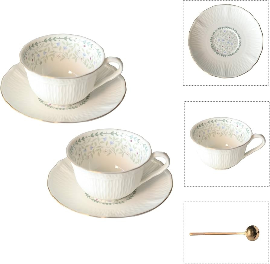 POWDONUNT Vintage Floral Porcelain Tea Cup and Saucer Set with Spoon, Gold Trim, 6.4 oz – Set o... | Amazon (US)