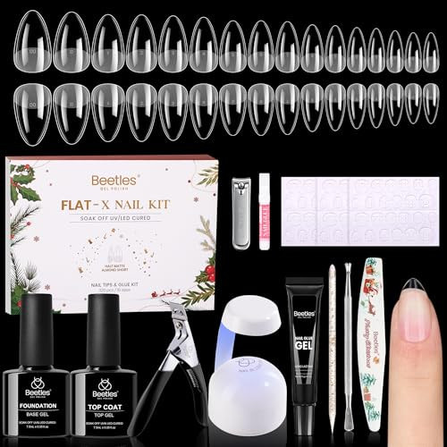 Beetles Gel Nail Kit Flat-X, Almond Short, 320pcs 16 Sizes, with 15g Hands-free Solid Nail Glue Gel, Mini Lamp, Christmas Limited Set, Pre-Etched Half Matte Nail Extension Set for Home DIY | Amazon (US)