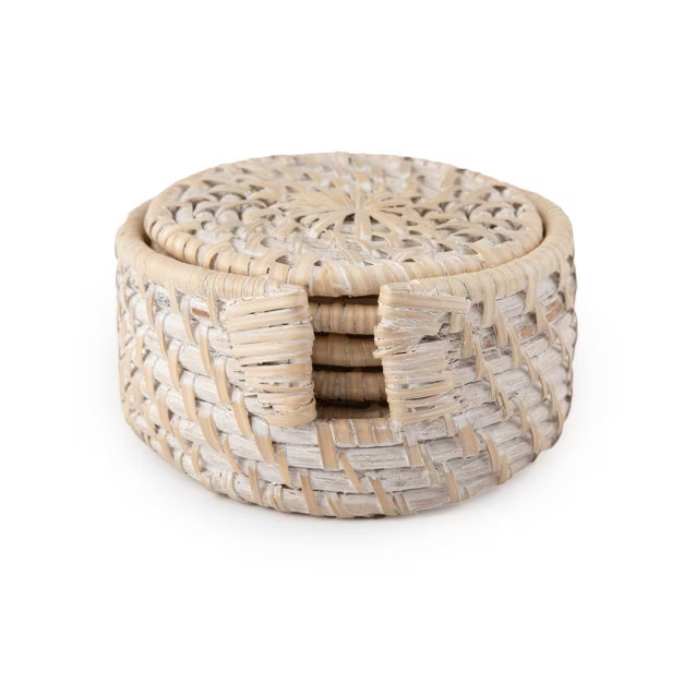 4pk Rattan Whitewash Coaster Set with Holder - Thirstystone | Target