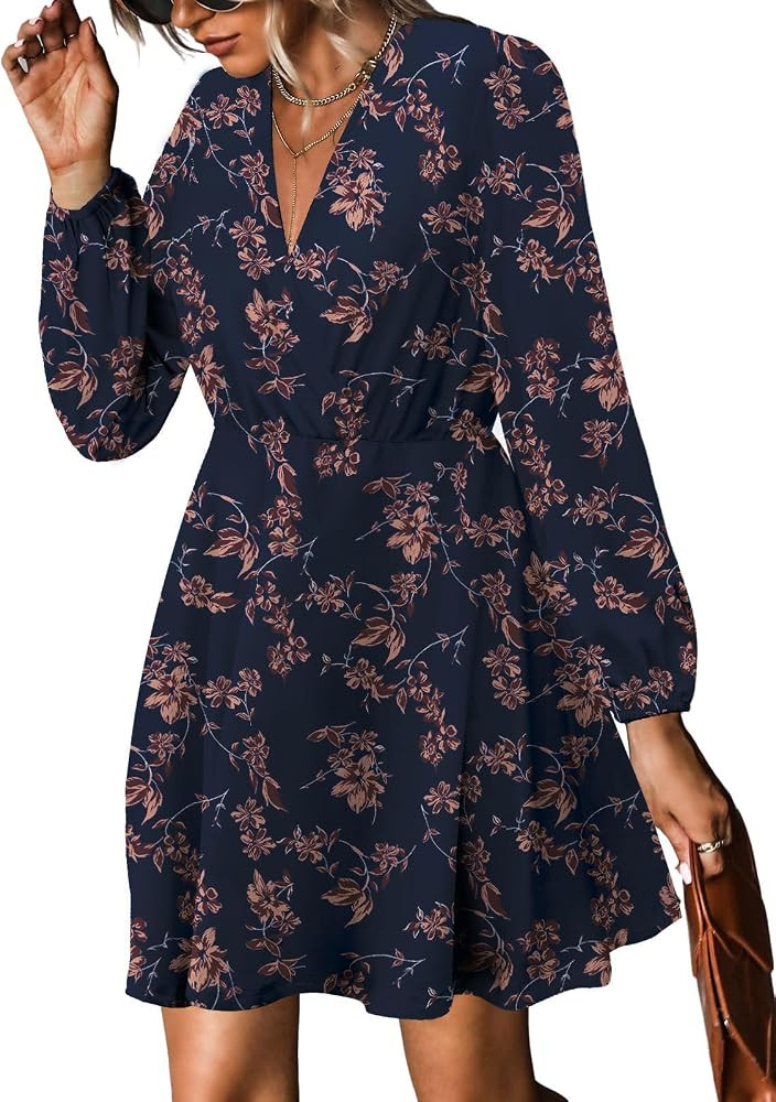 Women's Floral Dresses 2025 V Neck Long Sleeve Fall Dress | Amazon (US)