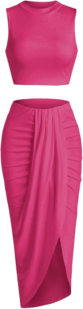 ZAFUL Women's Casual Sleeveless Summer Two Piece Outfits Crop Top and Side Split Draped Ruched Ma... | Amazon (US)