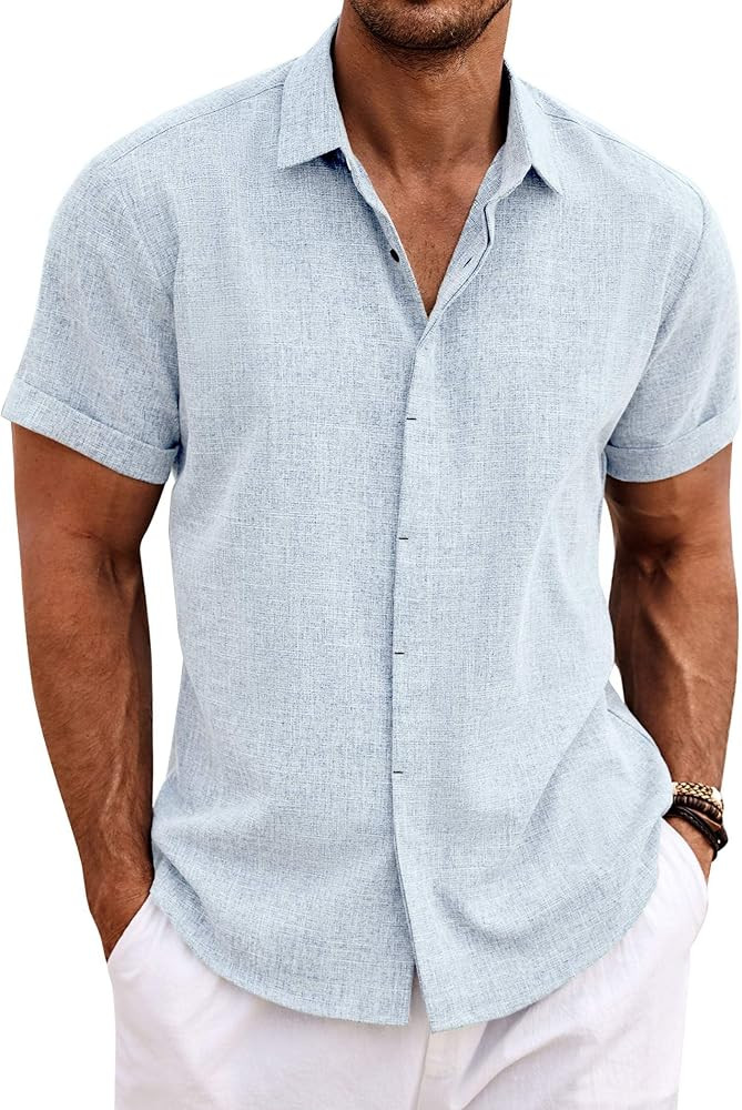 COOFANDY Men's Linen Shirts Short Sleeve Casual Shirts Button Down Shirt for Men Beach Summer Wed... | Amazon (US)