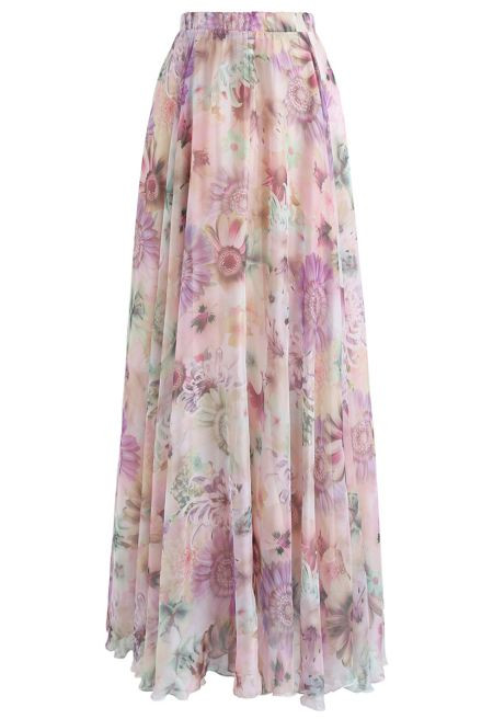 Sunflower Blossom Watercolor Chiffon Maxi Skirt in Pink | Chicwish